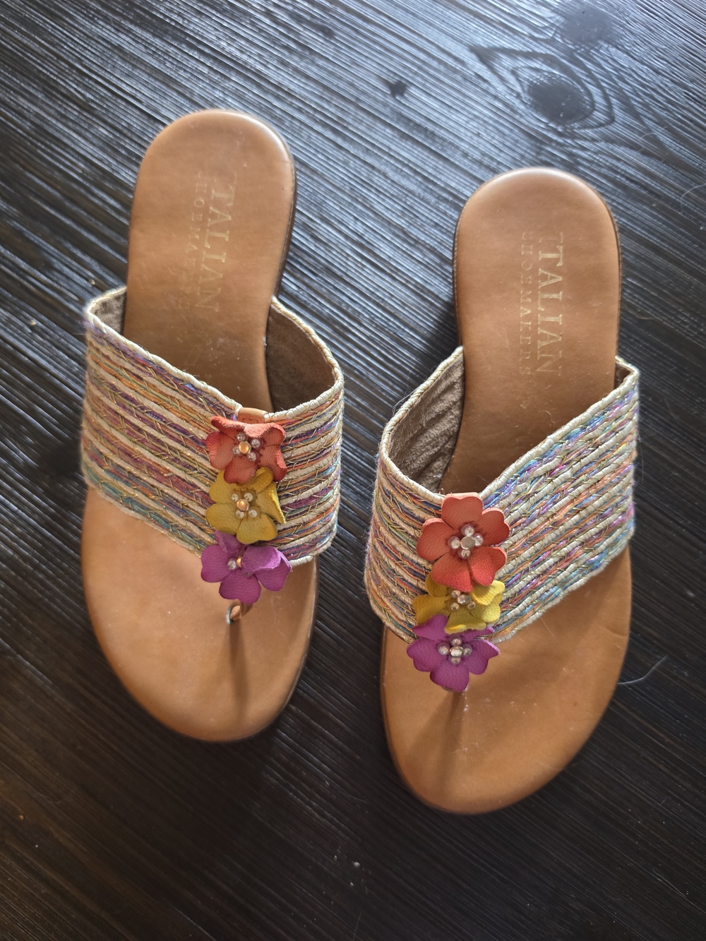 Italian Shoemakers Floral Wedge Thong Sandals Multicolor & Brown Like New